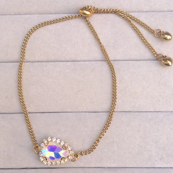 White Aurora Borealis Crystal Halo + Gold Pear Adjustable Boho Bracelet - Picture 9 of 13